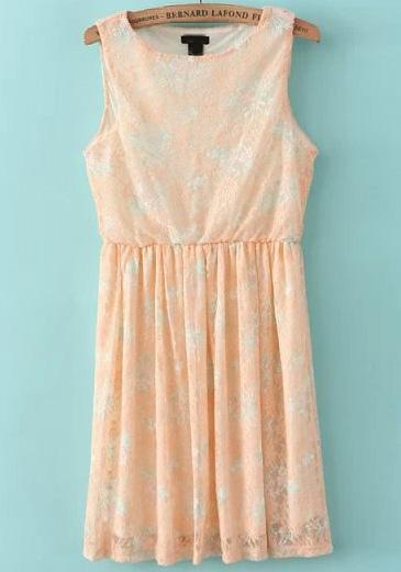 Romwe Orange Sleeveless Floral Pleated Lace Dress