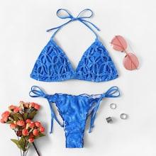 Romwe Self Tie Top With Lettuce Trim Tie Side Bikini