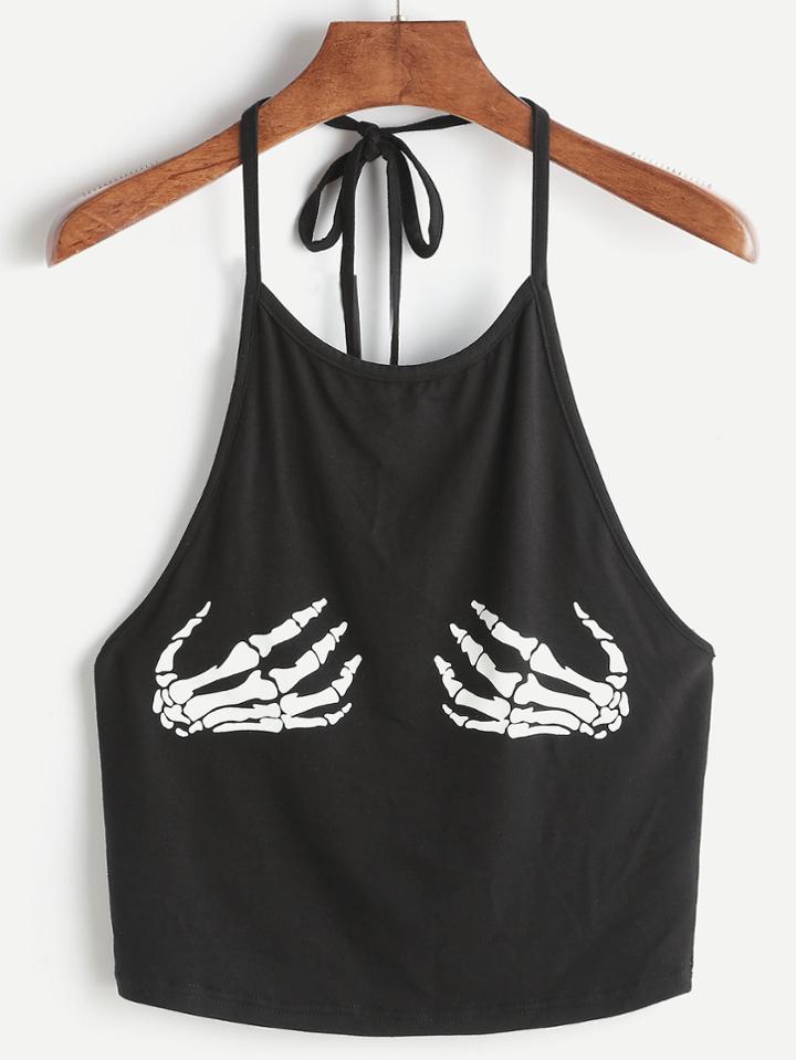 Romwe Black Skeleton Hand Print Halter Neck Top
