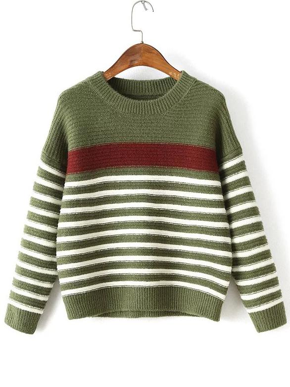 Romwe Green Striped Ribbed Trim Drop Shoulder Knitwear