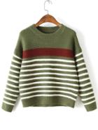Romwe Green Striped Ribbed Trim Drop Shoulder Knitwear