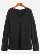 Romwe Black V Neck Crochet Lace Sleeve T-shirt