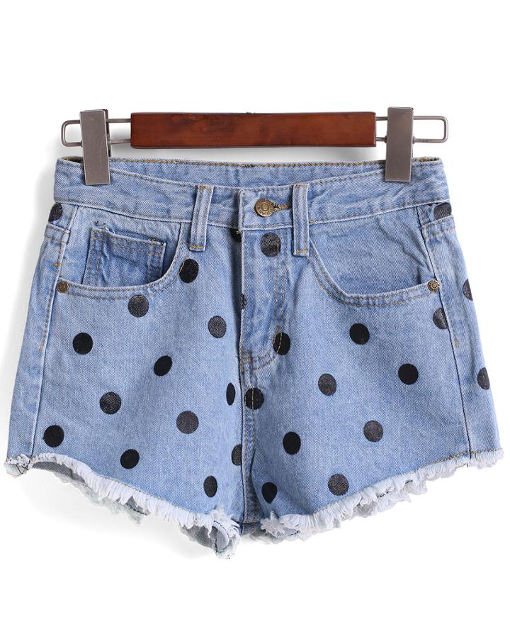 Romwe Polka Dot Fringe Denim Blue Shorts