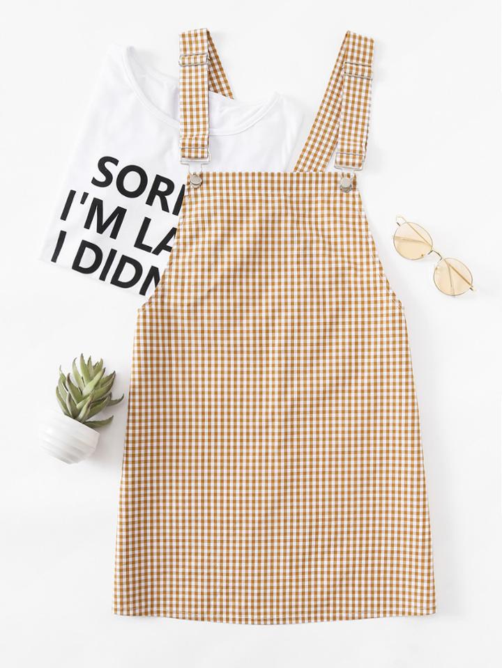Romwe Detachable Strap Gingham Pinafore Dress