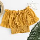 Romwe Tie Front Frill Bardot Shirred Crop Top
