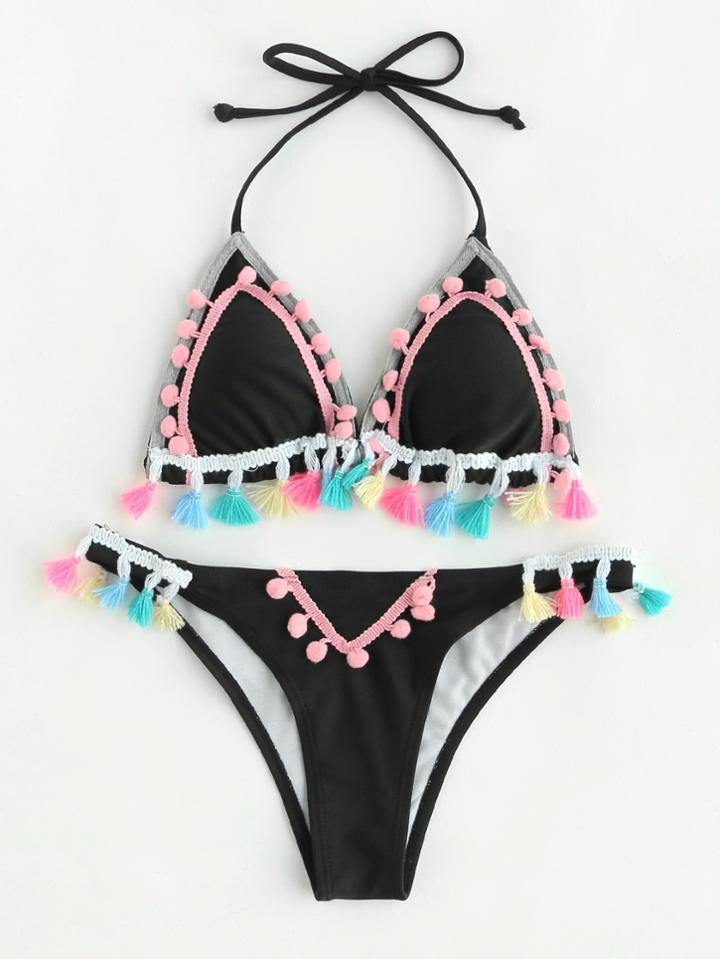 Romwe Pom Pom & Tassel Embellished Bikini Set