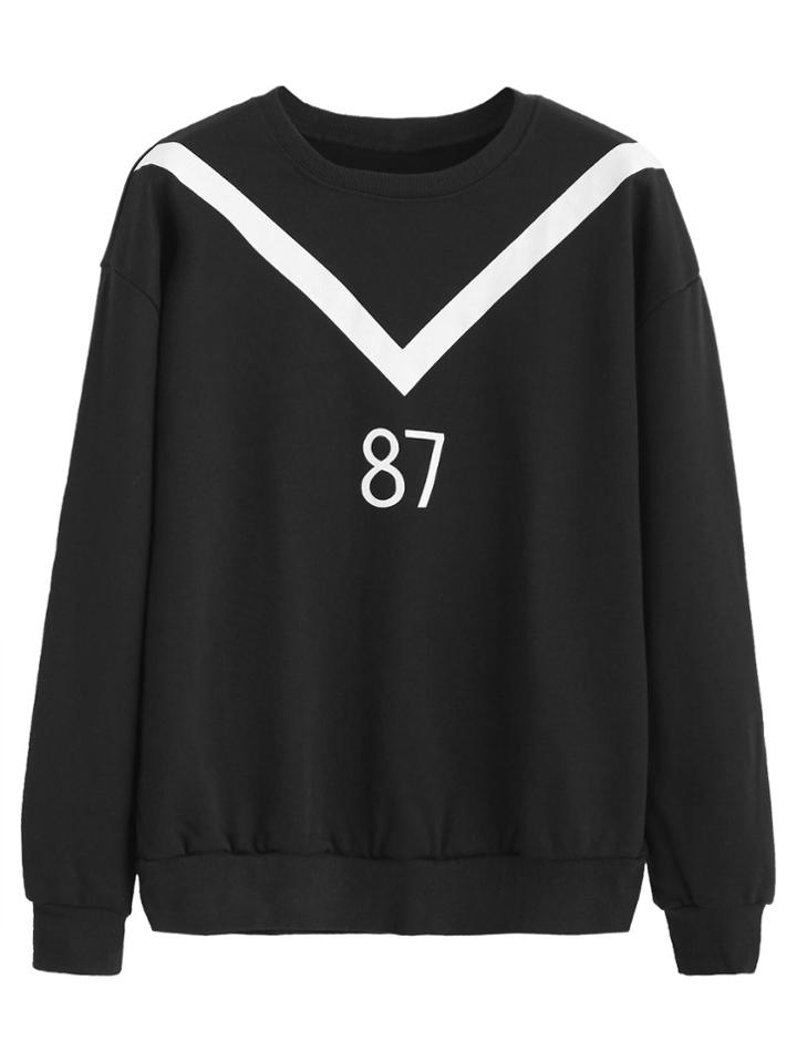 Romwe Black Contrast Number Print Sweatshirt