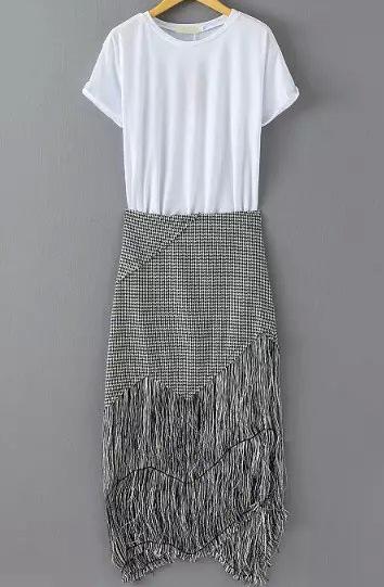 Romwe White Short Sleeve T-shirt With Houndstooth Tassel Skirt