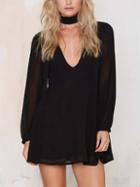 Romwe Black V Neck Belted Skater Dress