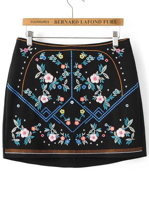 Romwe Black Floral Embroidery Back Zipper Vintage Skirt