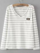 Romwe V Neck Long Sleeve Striped Grey T-shirt