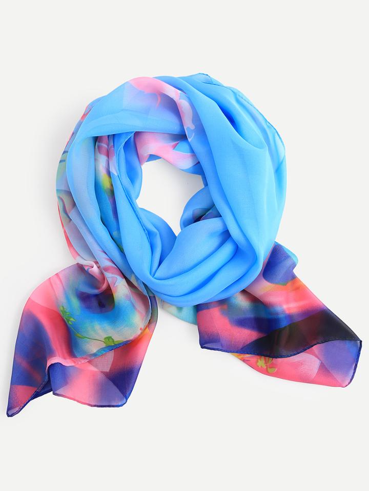 Romwe Blue Floral Print Chiffon Scarf
