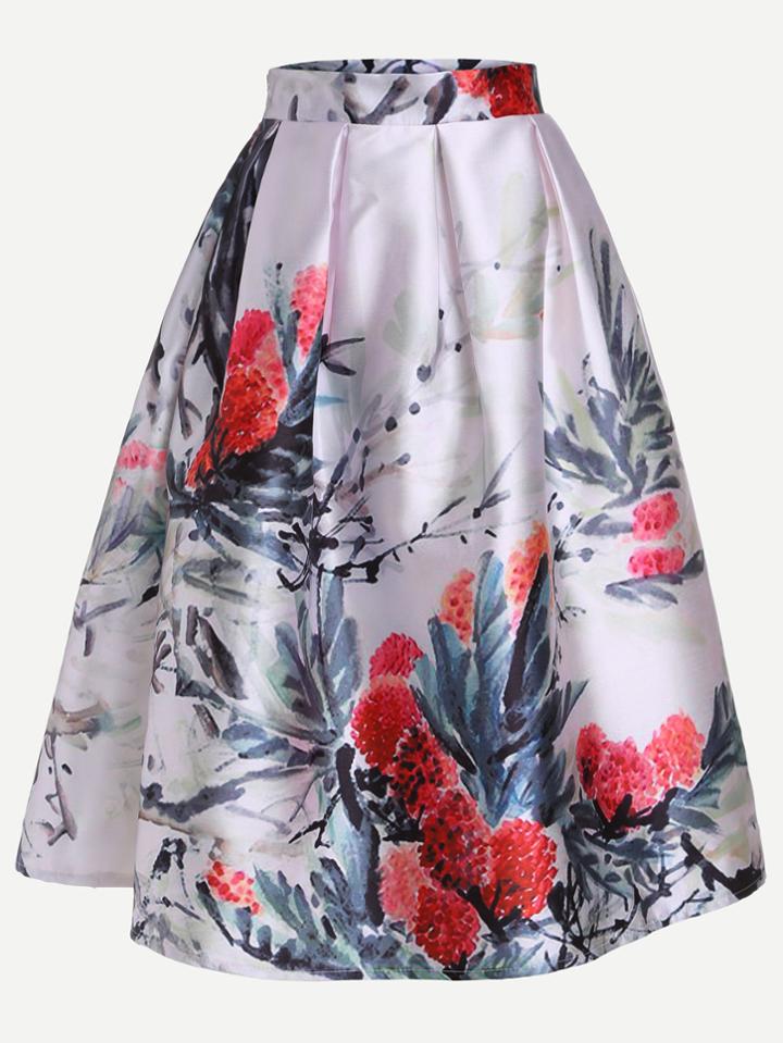 Romwe White Ink Painting Print Box Pleated Midi Skirt