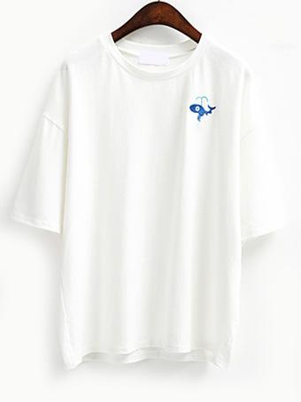 Romwe White Whale Embroidered Drop Shoulder T-shirt