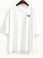 Romwe White Whale Embroidered Drop Shoulder T-shirt