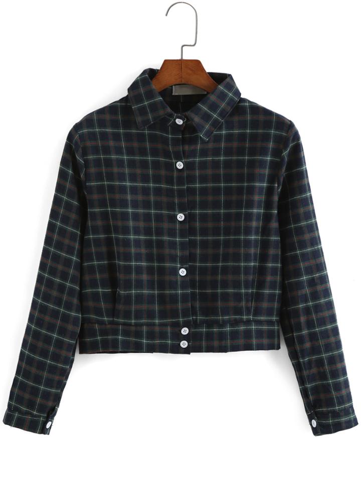 Romwe Lapel Plaid Green Blouse