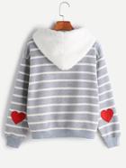 Romwe Striped Sleeve Heart Patch Pocket Sweatshirt With Fuzzy Hood