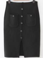 Romwe Black Front Pocket Button Up Slit Bodycon Skirt