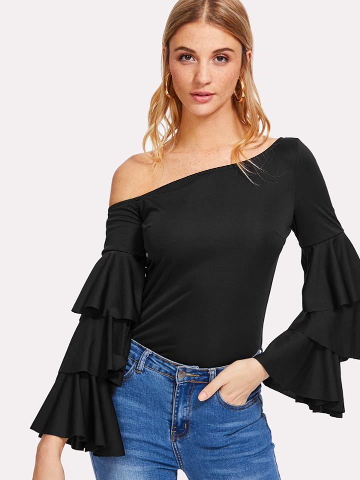 Romwe Asymmetric Shoulder Layered Ruffle Sleeve Top