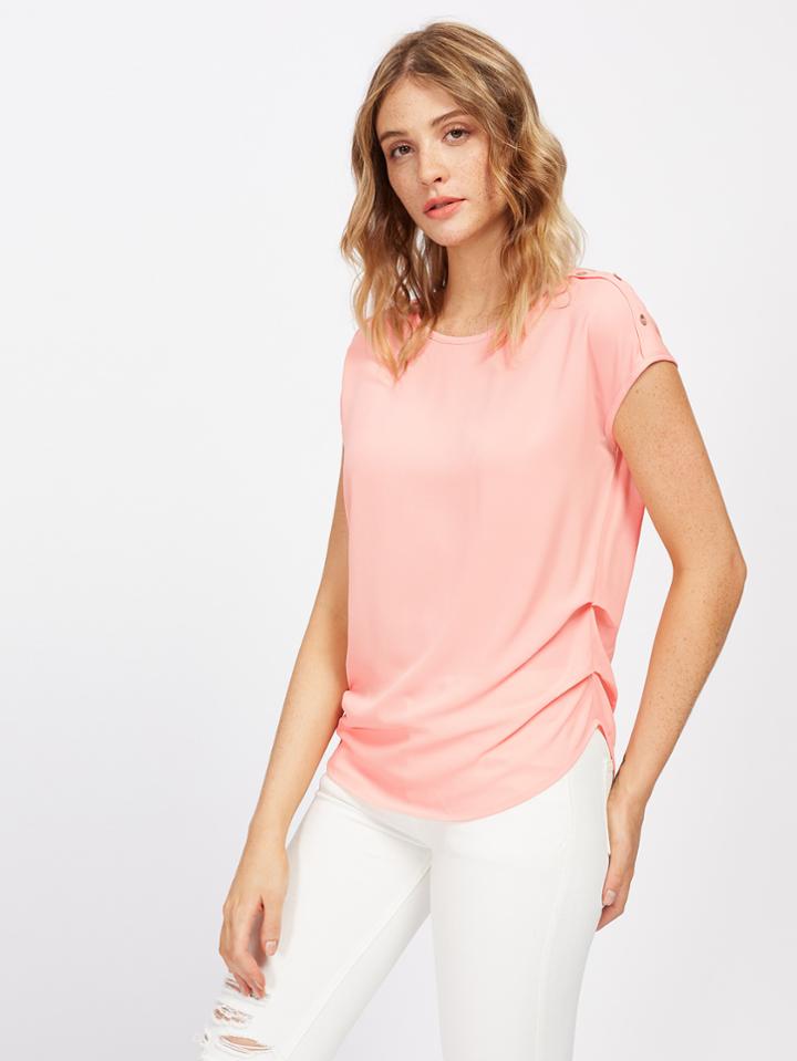 Romwe Buttoned Shoulder Gathered Side Cap Sleeve Top