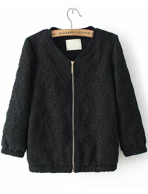 Romwe Jacquard Zipper Black Coat