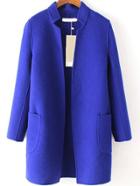 Romwe Stand Collar Pockets Cashmere Blue Coat