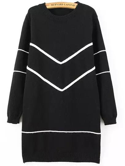 Romwe Long Sleeve Striped Black Sweater Dress