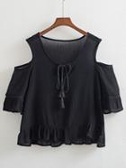 Romwe Black Cold Shoulder Tassel Tie Ruffle Blouse