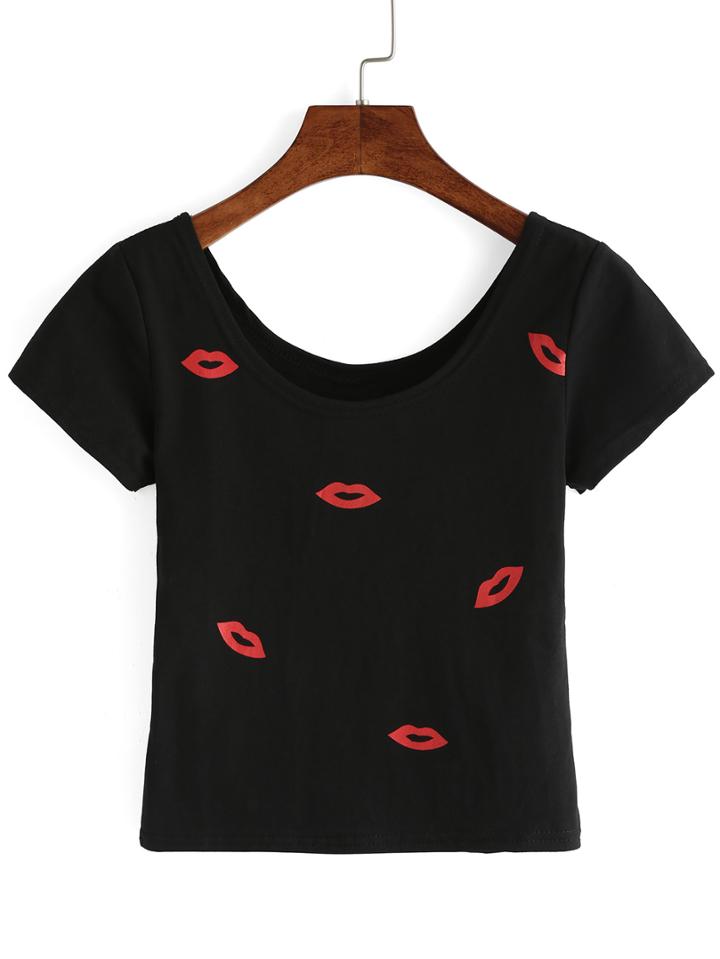 Romwe Scoop Neck Lipstick Print Black T-shirt