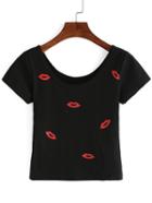 Romwe Scoop Neck Lipstick Print Black T-shirt