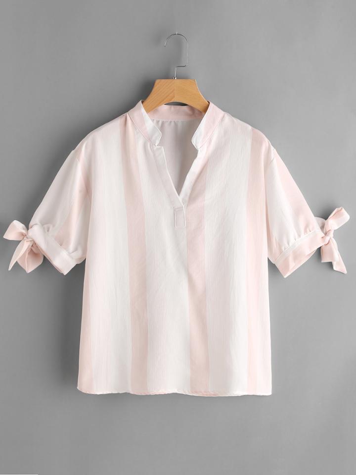 Romwe Stand Collar Wide Striped Bow Tie Sleeve Blouse
