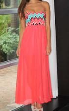 Romwe Red Strapless Zigzag Print Pleated Chiffon Dress