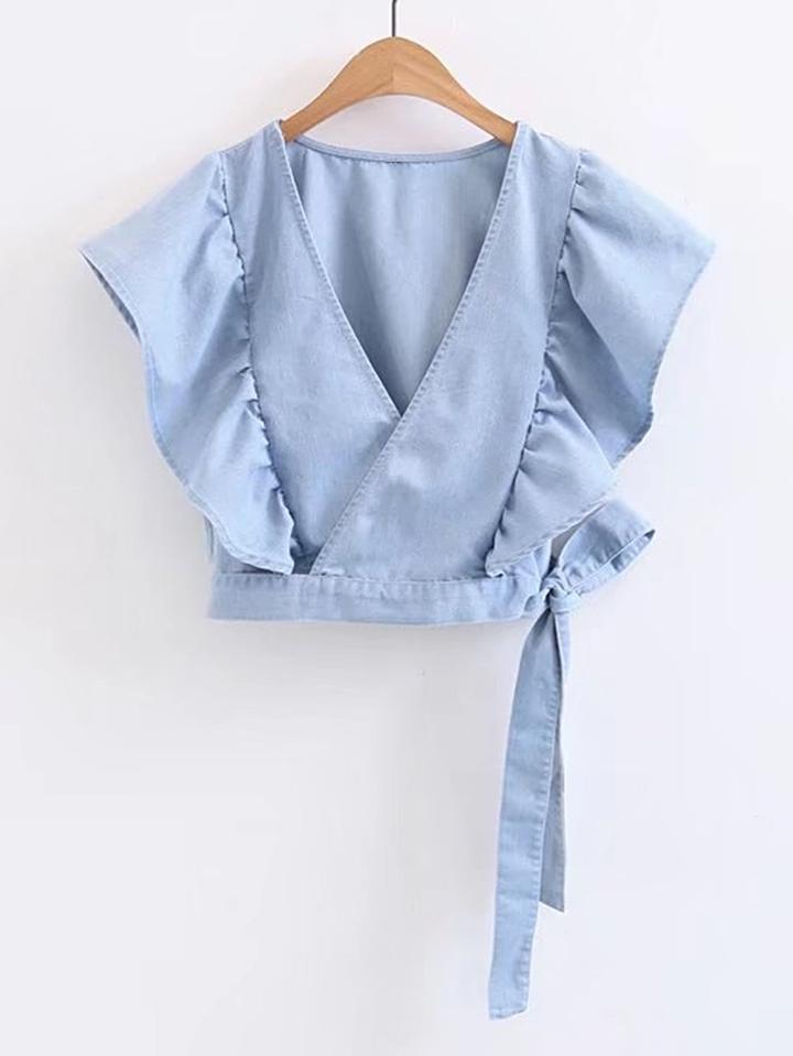 Romwe Surplice Front Ruffle Trim Knot Detail Denim Top