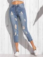 Romwe Blue Distressed Skinny Ankle Jeans