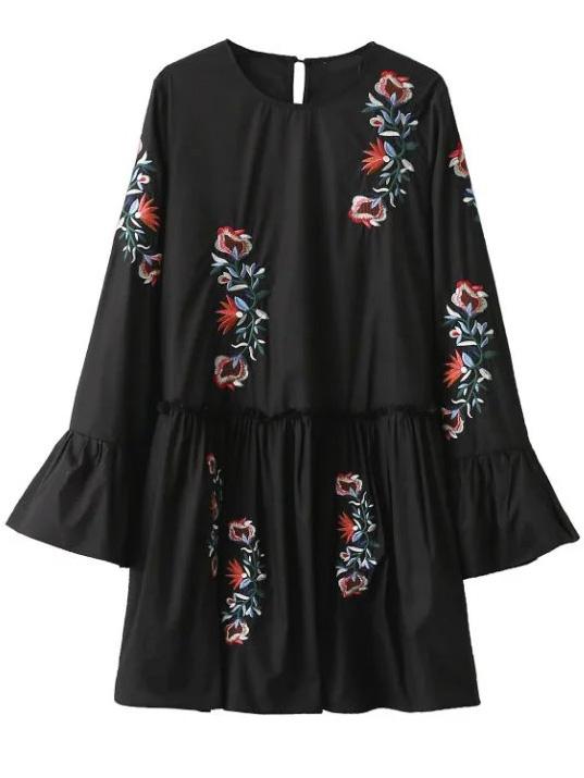 Romwe Black Embroidery Bell Sleeve Ruffle Dress