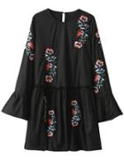 Romwe Black Embroidery Bell Sleeve Ruffle Dress
