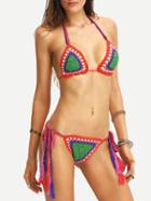 Romwe Braided Tassel-tie Multicolor Crochet Bikini Set - Green