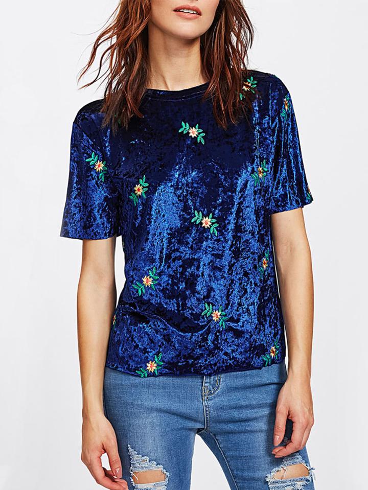 Romwe Botanical Embroidered Crushed Velvet Tee