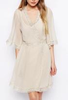 Romwe V Neck Sheer Mesh Lace Apricot Dress