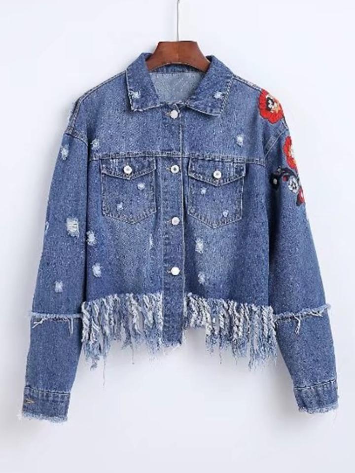 Romwe Destroyed Fringe Hem Embroidered Denim Jacket