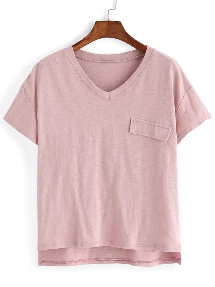 Romwe V Neck Dip Hem Pocket T-shirt