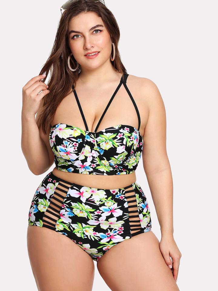 Romwe Flower Print Ladder Cut Out Bikini Set