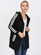 Romwe Hooded Striped Sleeve Zip Up Long Coat
