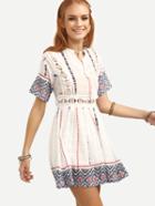 Romwe Tassel-tie Cutout Tribal Print Peasant Dress - White