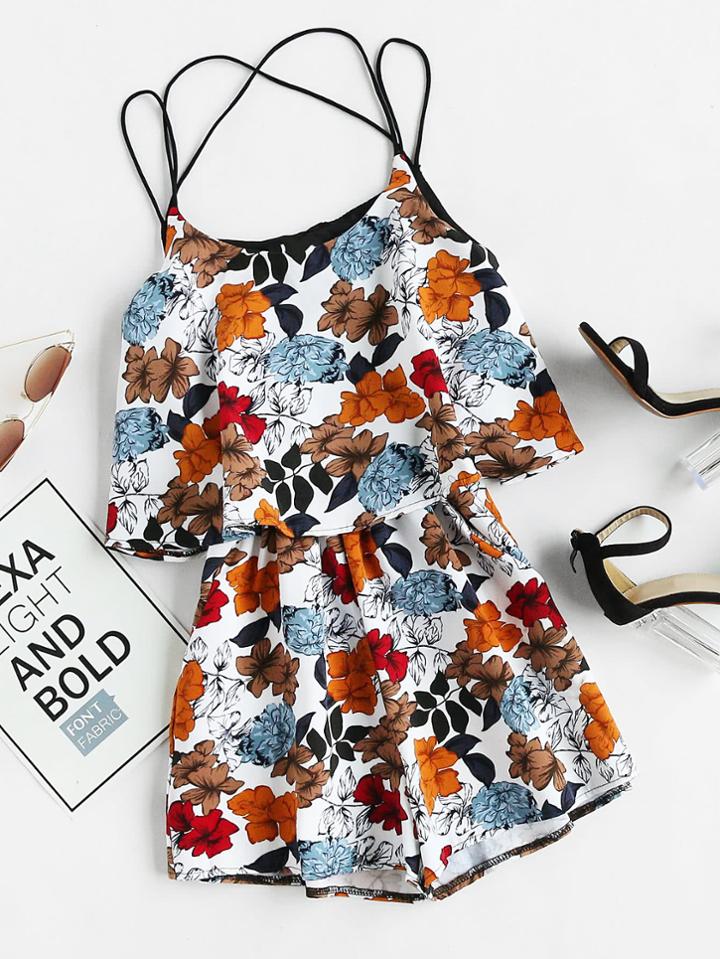 Romwe Floral Print Random Layered Criss Cross Cami Romper