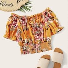 Romwe Off Shoulder Tie Front Shirred Hem Floral Top