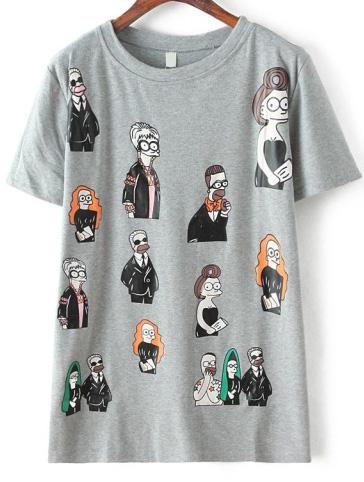 Romwe Cartoon Print Loose Grey T-shirt