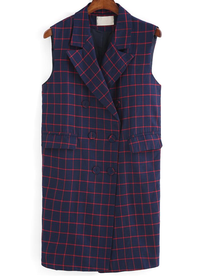 Romwe Notch Lapel With Pockets Plaid Vest