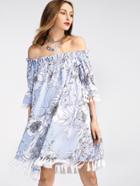 Romwe Bardot Frill Cuff Tassel Trim Vertical Striped Dress