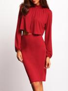 Romwe Red Stand Collar Crop Top With Skirt